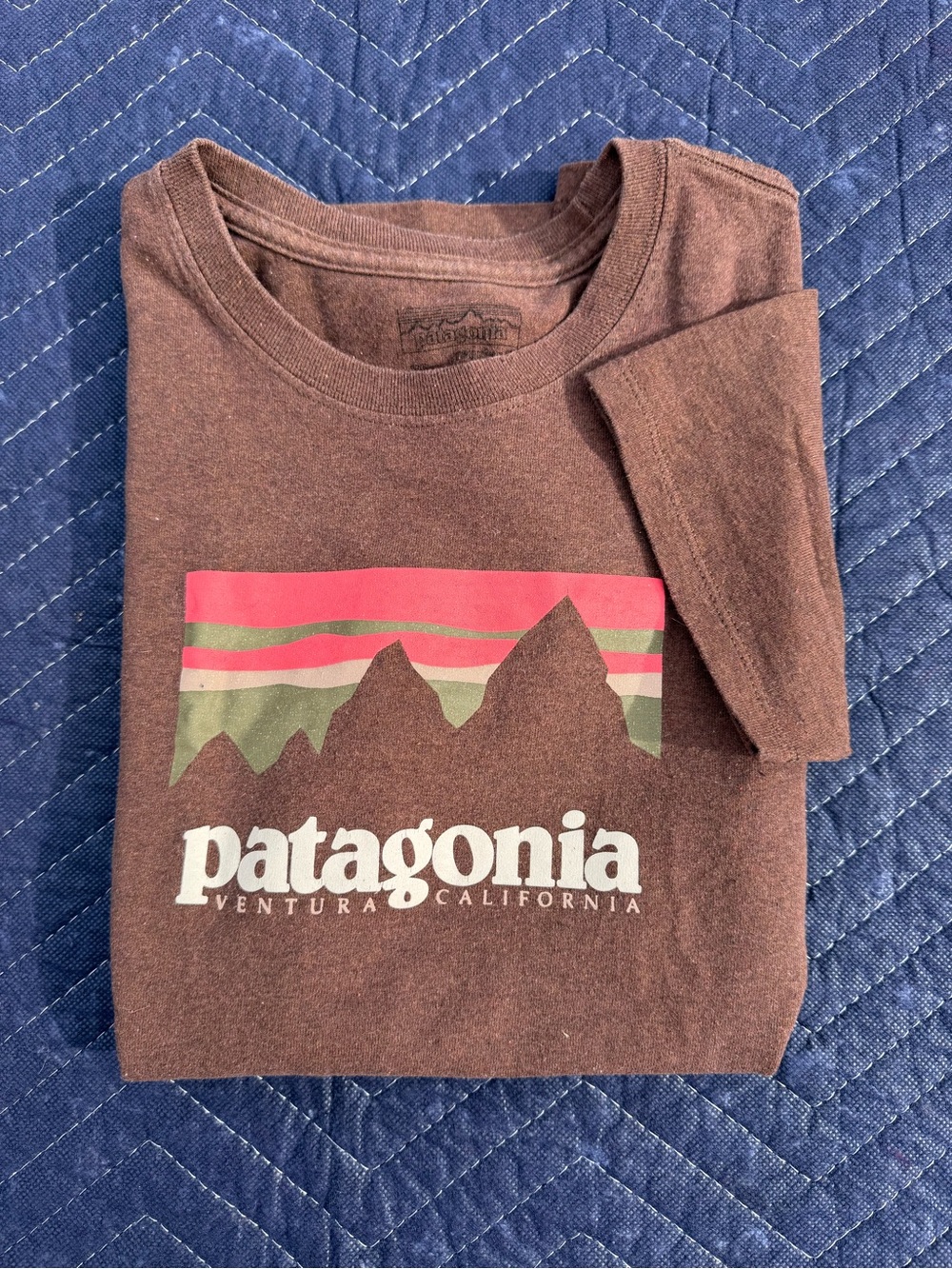 Patagonia Brown Crewneck Sweater with Multicolor Mountain Graphic